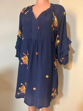 FIG AND FLOWER ANTHROPOLOGIE WOMEN'S NAVY BLUE EMBROIDERED BOHEMIAN DRESS SZ  PL